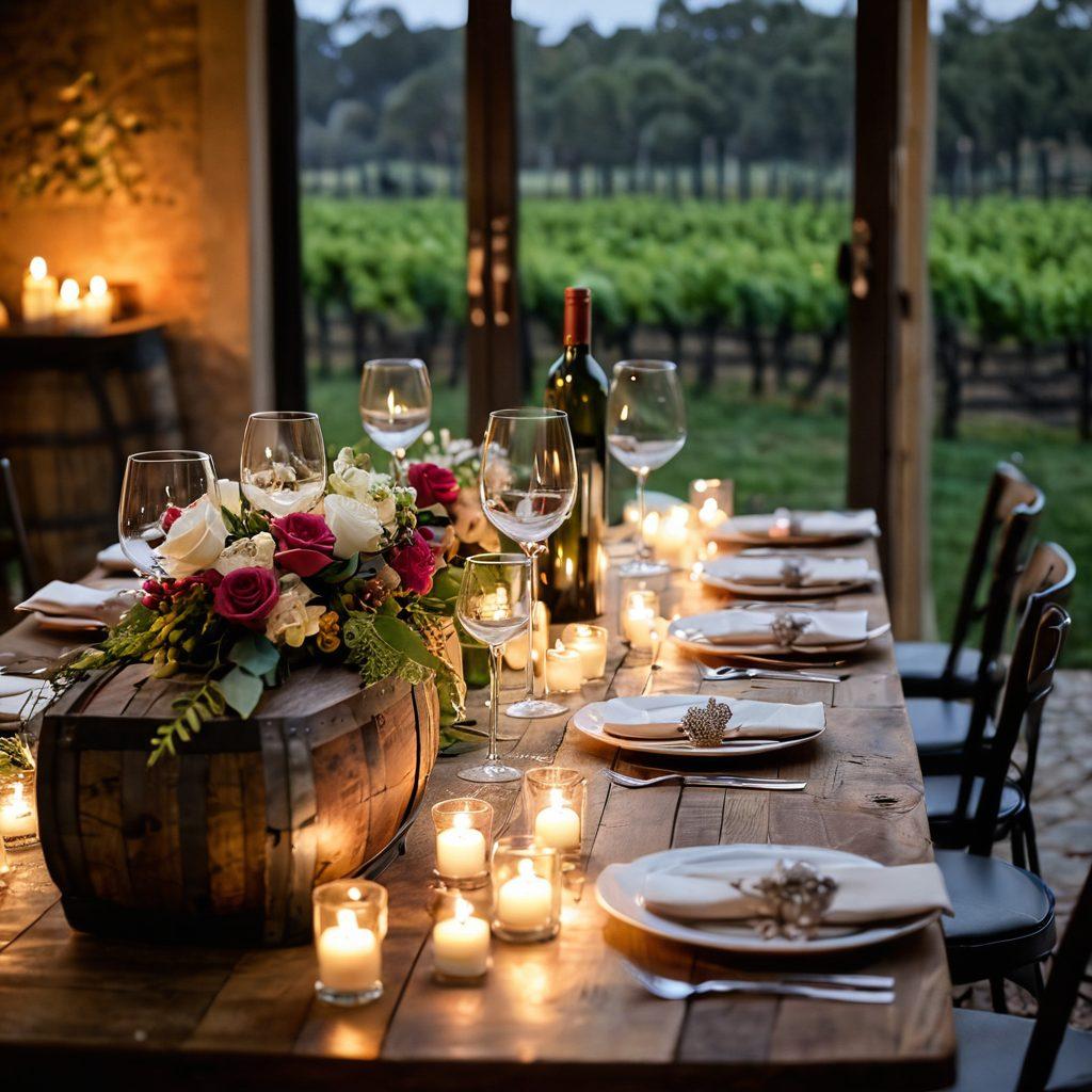 A beautifully arranged wedding table setting featuring elegant wine glasses, a variety of wine bottles, and delicate floral centerpieces. Soft candlelight glows, illuminating a romantic atmosphere. In the background, a vintage wine barrel adds rustic charm. Lush vineyard scenery is visible through open doors, suggesting a serene outdoor celebration. The scene is warm and inviting, capturing the essence of love and festivities. super-realistic. vibrant colors. soft lighting.