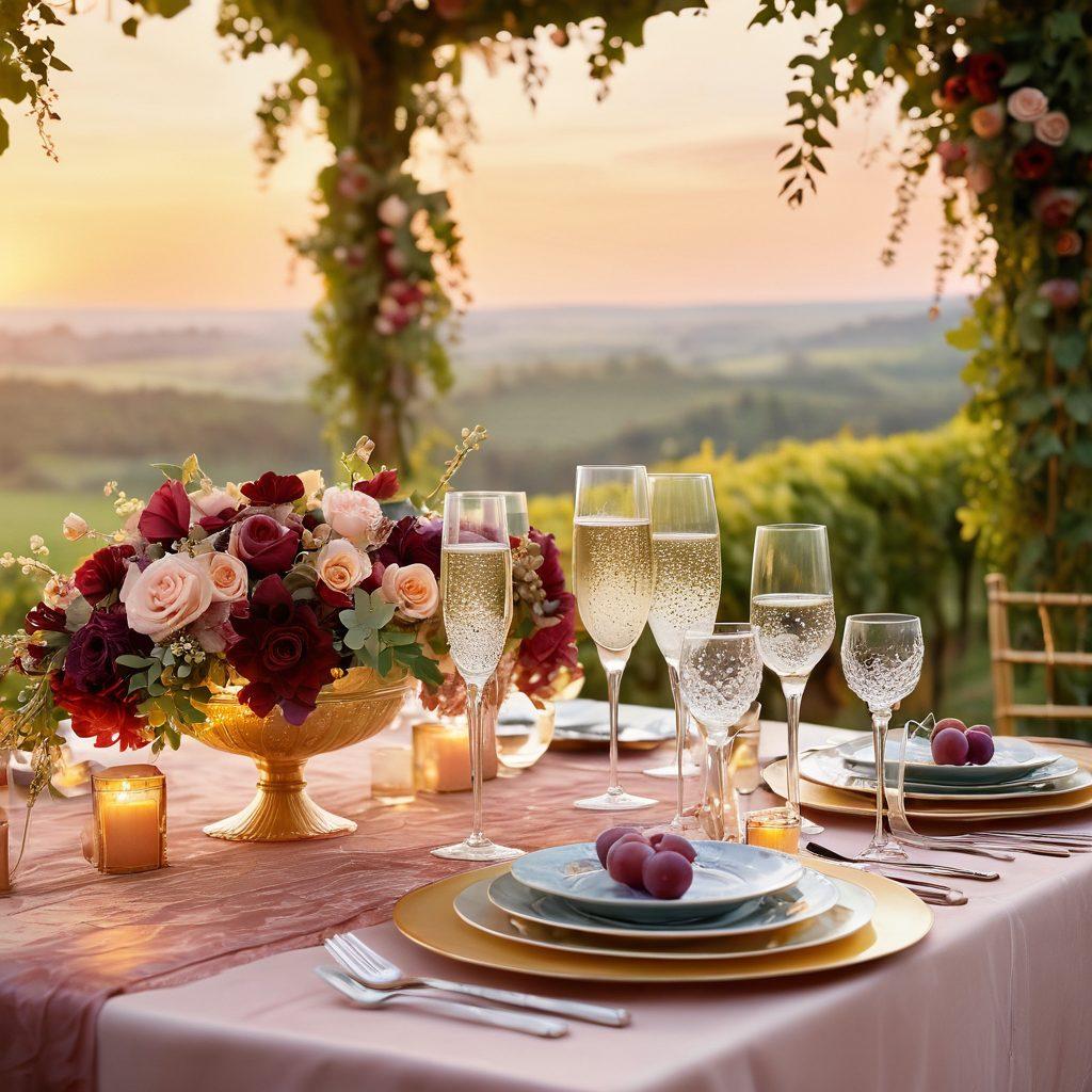 A beautifully arranged wedding table adorned with elegant glassware filled with sparkling champagne and rich red wine, surrounded by exquisite floral centerpieces in soft pastel colors. A backdrop of a romantic sunset casts a golden glow over the scene, enhancing the festive atmosphere. Include abstract patterns of bubbly effervescence and vineyard elements like grapes and leaves for added charm. super-realistic. vibrant colors. dreamy ambiance.