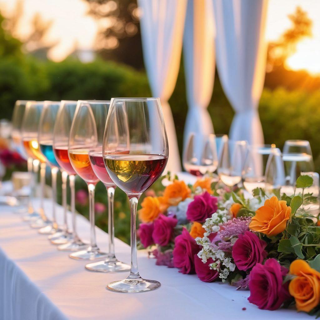 A beautifully arranged outdoor wedding table setting with elegant wine glasses filled with colorful wine, surrounded by delicate flowers and soft candlelight. In the background, a lively celebration scene with guests enjoying the ambiance, white drapes fluttering in the breeze, and a sunset sky enhancing the magical atmosphere. Artistic lighting highlighting the glasses and creating a warm, inviting vibe. super-realistic. vibrant colors. soft focus.